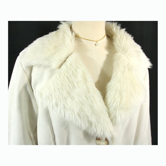 Coldwater Creek Ivory Faux Suede Shearling Fur Lined Sherpa Coat Whipstitch - Lg - Picture 3 of 11